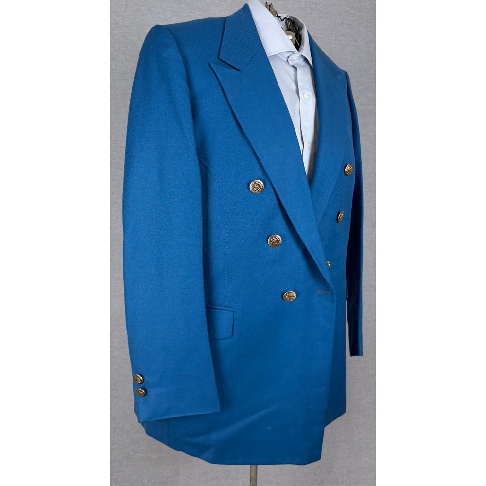 Vintage 70s Bespoke Double Breasted Blazer Blue Gold Crest Buttons 42R